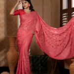 সফট চিনিগুড়া সিল্ক ফেব্রিক্সের এক্সক্লুসিভ এমব্রয়ডারি পার্টি শাড়ি